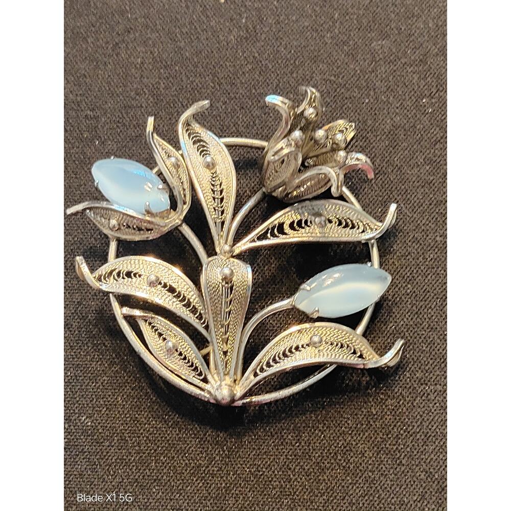 Beautiful Vintage Enzell Sterling Floral Brooch Two Faux Blue Moonstone Stones